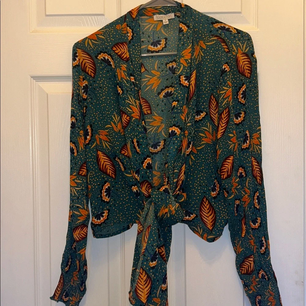 Patrons of Peace Teal and Orange Front Tie Blouse - Picture 8 of 11